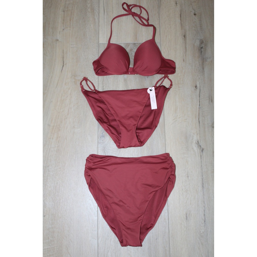 Victoria's Secret Mahogany Red Bikini Set 32A Small 3-Piece Push Up Strappy High